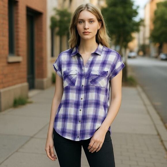 Rails Britt Plaid Button Up Shirt Women XS Cap Short Sleeve Blue White Western - Picture 13 of 13